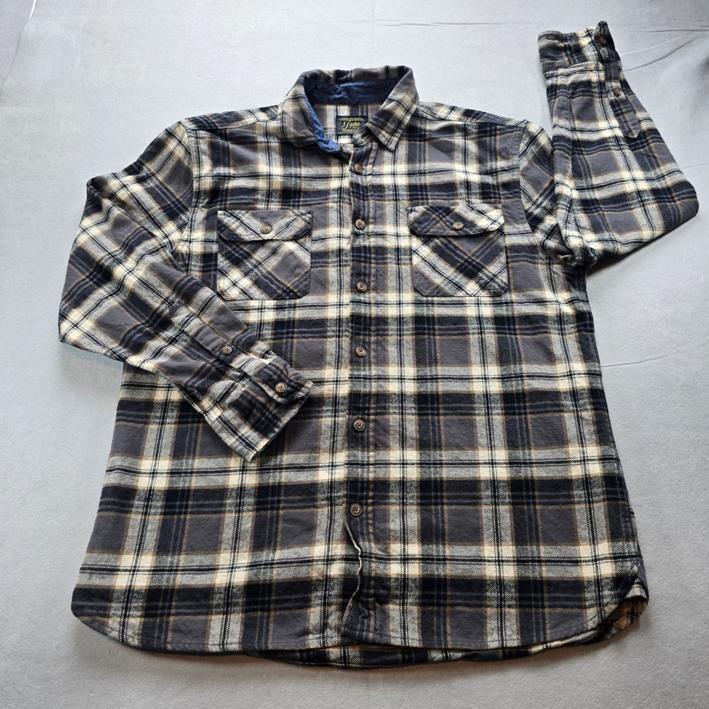 Jachs MFG Heritage Flannel Men Large Grey Tan Plaid Button Down Shirt 100 Cotton